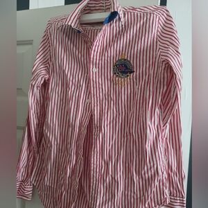 Ralph Lauren Red and White Stripe Button-Up Shirt with Embroidered Crest